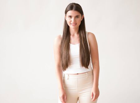 Woman casual portrait brunette female long hair natural make upの写真素材