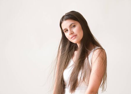 Woman casual portrait brunette female long hair natural make upの写真素材