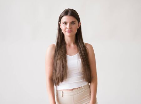 Woman casual portrait brunette female long hair natural make upの写真素材