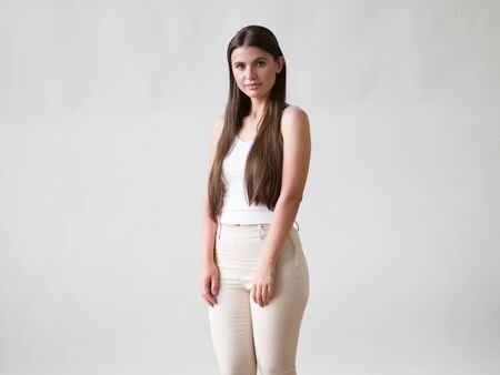 Woman casual portrait brunette female long hair natural make upの写真素材