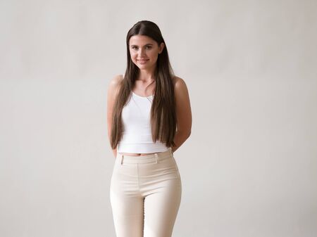 Woman casual portrait brunette female long hair natural make upの写真素材