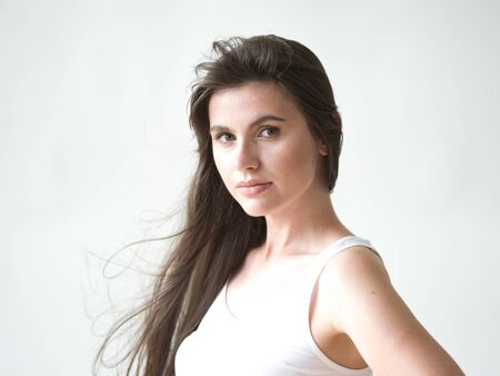 Woman casual portrait brunette female long hair natural make upの写真素材
