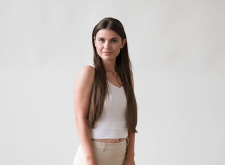 Woman casual portrait brunette female long hair natural make upの写真素材
