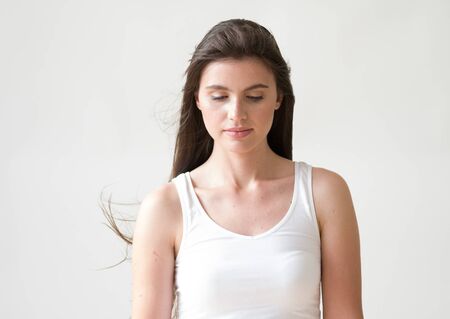 Woman casual portrait brunette female long hair natural make upの写真素材