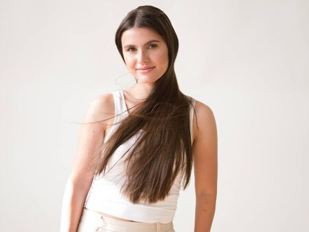 Woman casual portrait brunette female long hair natural make upの写真素材