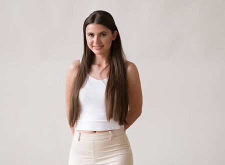 Woman casual portrait brunette female long hair natural make upの写真素材