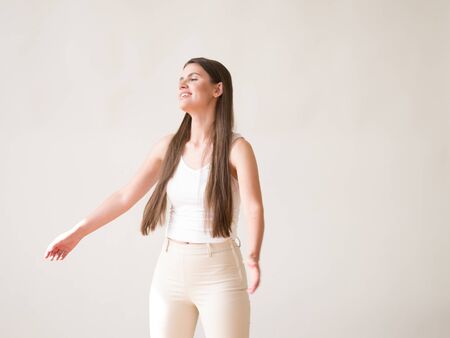 Woman casual portrait brunette female long hair natural make upの写真素材