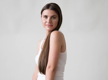 Woman casual portrait brunette female long hair natural make upの写真素材