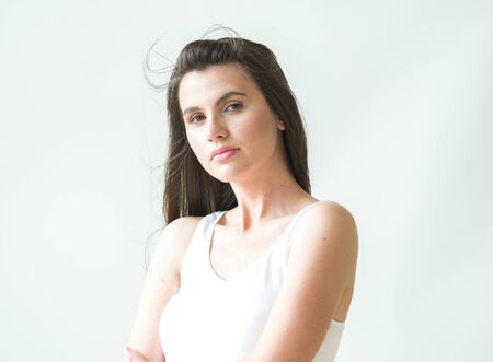 Woman casual portrait brunette female long hair natural make upの写真素材