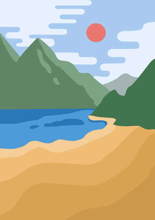Summer landscape with beach, sea and mountainsのイラスト素材