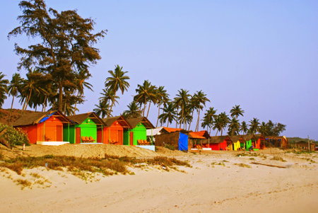 Colourful Bungalows on a Beach in Goa, Indiaの写真素材