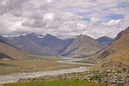 View over the Ancient Town of Kaza in the Spiti Valley  in the Himalayasの写真素材