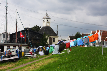 Laundry hanging at the dike of an dutch villageのeditorial素材