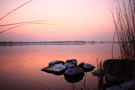 Stones in lake at sunsetの写真素材