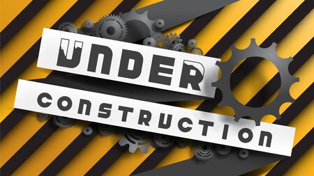 Under Construction sign decorated by black gears and cogs on yellow black stripes background. EPS10,...