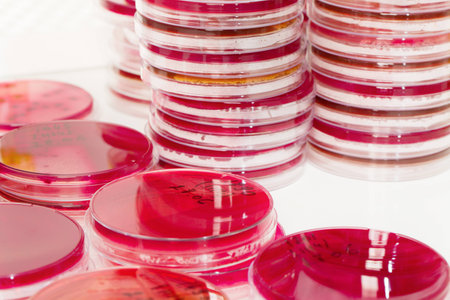 Petri's cups with microbiological materials stand on a white table.