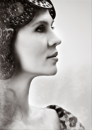 Black-and-white portrait of a profile of the young womanの写真素材