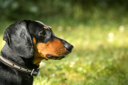 Dog a dachshund against the background of a green lawnの写真素材