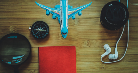 Travel concept background,Overhead view of Traveler's accessories.の写真素材