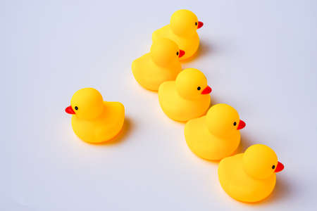 Yellow rubber ducks representing social norms and issues. Pandemic issues.の写真素材