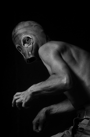 Man zombie in gas mask in black and white.の写真素材
