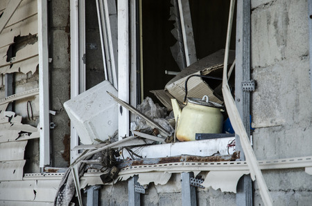 The war in Ukraine. Settlement Shyrokyne, Donetsk region. September 2018. Buildings destroyed as a...