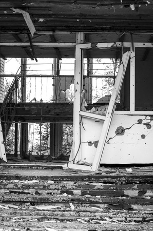The war in Ukraine. Settlement Shyrokyne, Donetsk region. September 2018. Buildings destroyed as a result of military actions of the Russian invaders in 2014-2018.の写真素材