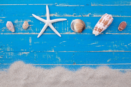 white sand star fish and shells on blue wooden background white sand star fish and shells on blue wooden background