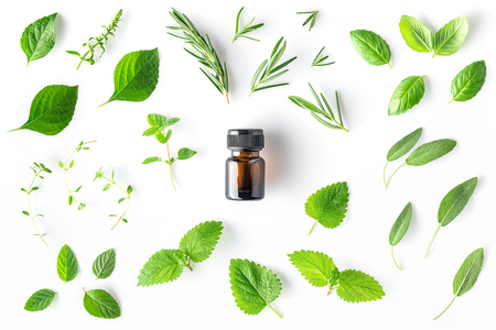 Bottle of essential oil with fresh herbs and spices basil, sage, rosemary, oregano, thyme, lemon balm  and peppermint setup with flat lay on white backgroundの写真素材
