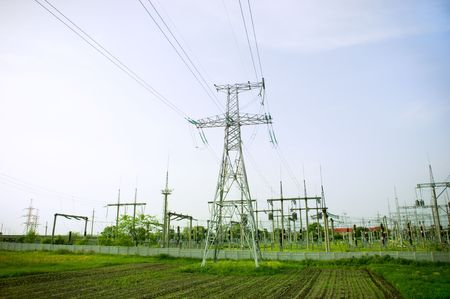 Electrical towers structure on blue sky background