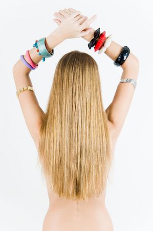 Young girl in watches and braceletsの写真素材