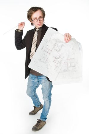 Young architect with sketch, studio shot の写真素材