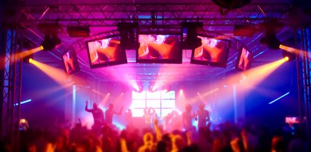 Panorama of a music festival with laser show の写真素材