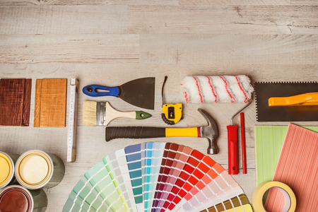 Decorating tools and samples of colors top viewの写真素材