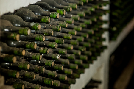 Old wine bottles in a cobweb in the cellarの写真素材