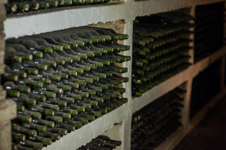 Old wine bottles in a cobweb in the cellar