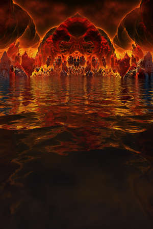 Fantastic 3d image of fiery burning rock islandの写真素材