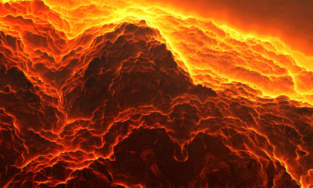 3d illustration, wallpaper in the form of fantastic burning mountainsides, slopes of a volcano with burning lavaの写真素材