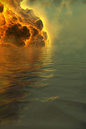 The volcanic slope of the mountain, with flowing lava, going into the ocean, the sea, with reflection in the water, red-hot, with fog and smoke. 3d illustrationの写真素材