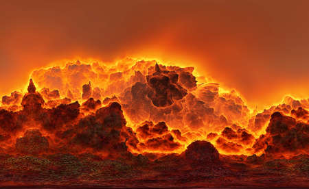 3d illustration, wallpaper in the form of fantastic burning mountainsides, slopes of a volcano with...