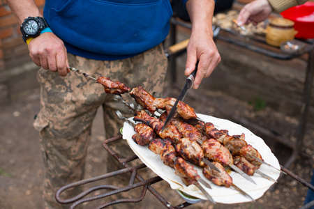 Fried barbecue on the outdoor grillの写真素材