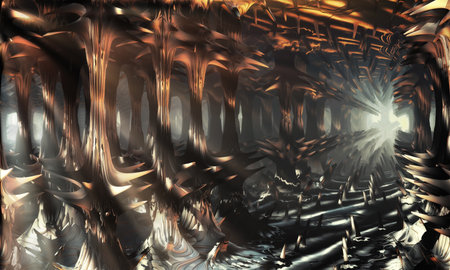 Fantastic tunnel, cave with columns and spikes, light at the end. 3d illustrationの写真素材