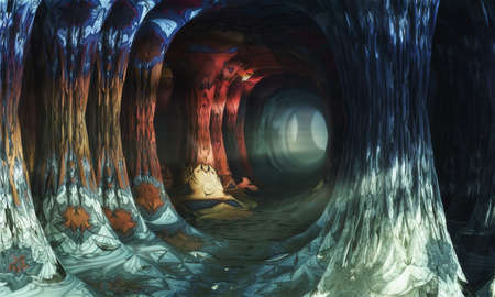 Fantastic forest, tunnel with columns, light at the end. 3d illustrationの写真素材