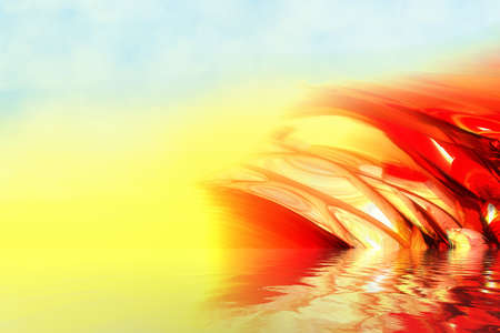 3d illustration bright abstraction of yellow-red color with reflection in waterの写真素材
