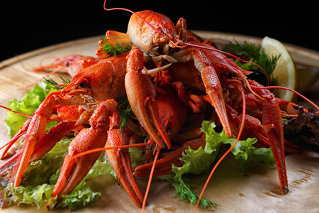 Boiled crawfish on a wooden board with lemon and herbsの写真素材