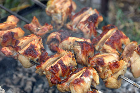 Chicken kebab, outdoors, on a homemade grill, close-upの写真素材