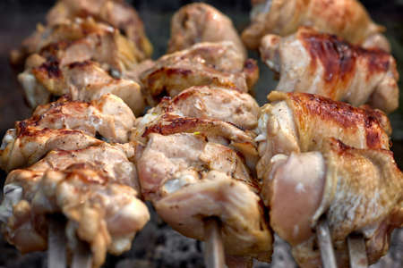 Chicken kebab, outdoors, on a homemade grill, close-upの写真素材