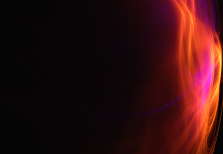 Abstract image of fire, flame on the right side of the image, on a black background. Horizontal illustration with place for textの写真素材