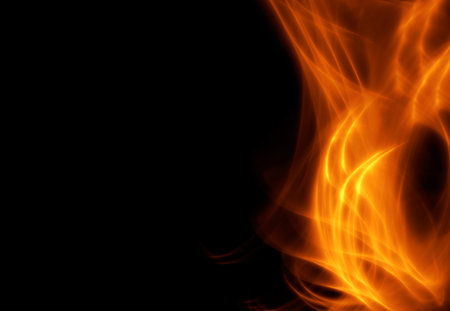 Abstract image of fire, flame on the right side of the image, on a black background. Horizontal illustration with place for textの写真素材