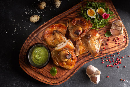 Grilled chick with herbs and sauce on a wooden board. on a black backgroundの写真素材